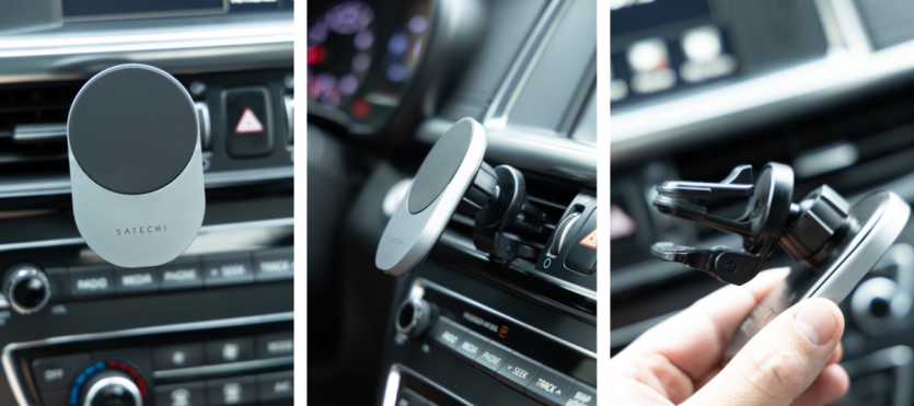 Алюмінієвий зарядний пристрій Satechi Qi2 Wireless Car Charger, встановлений у салоні автомобіля.