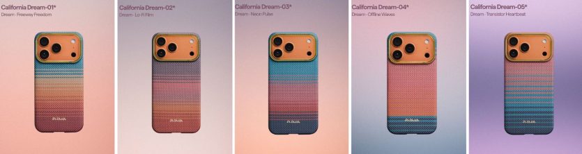Арамідні чохли Pitaka для iPhone 17: колекція California Dream із градієнтом заходу сонця на тлі дороги.
